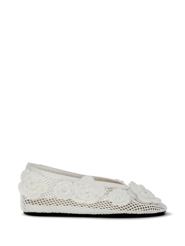 Ganni Jenny Flower-embellished Mesh Ballet Flats in White