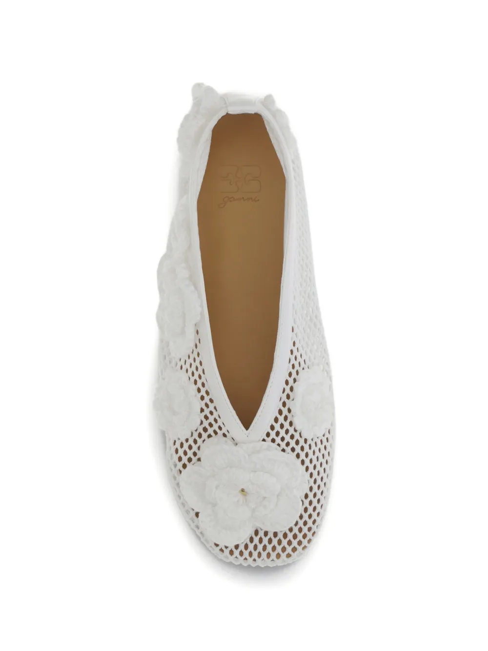 GANNI Jenny flower-embellished mesh ballet flats Wit
