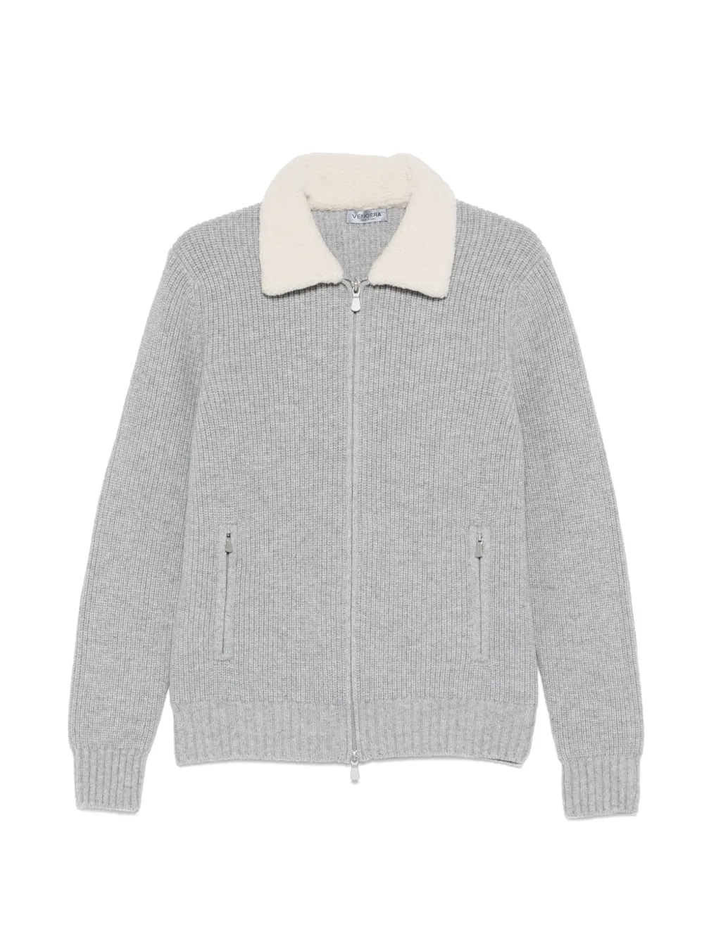 Vengera ribbed-knit shearling-collar cardigan - Grigio