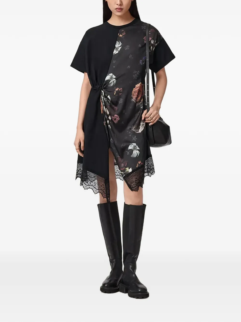 AllSaints Lana floral-print lace-trim midi dress - Schwarz