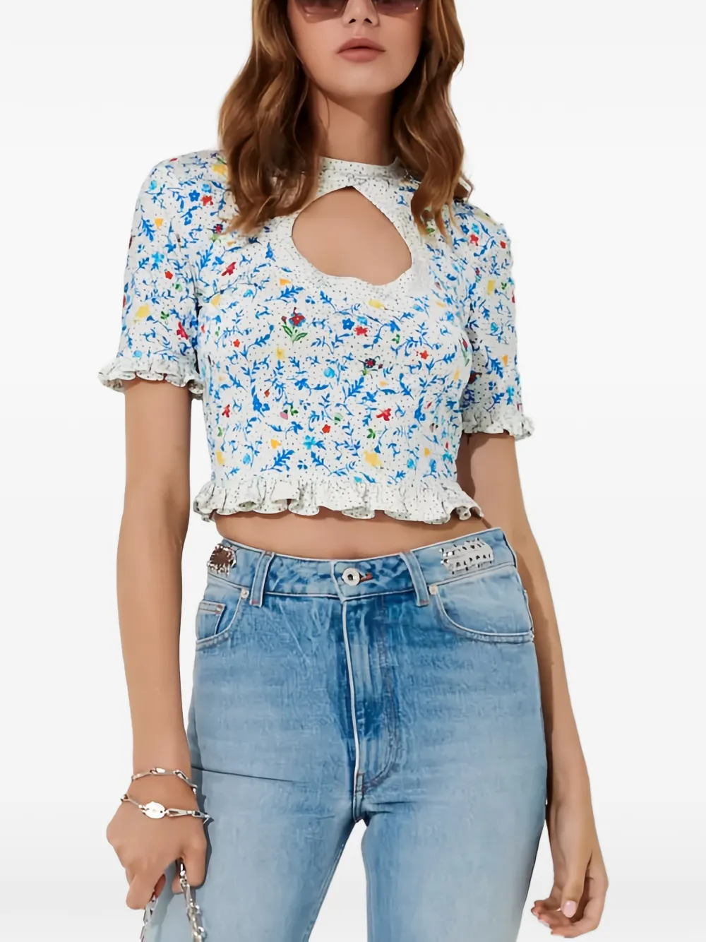 Rabanne floral-print ruffled cropped blouse - Bianco