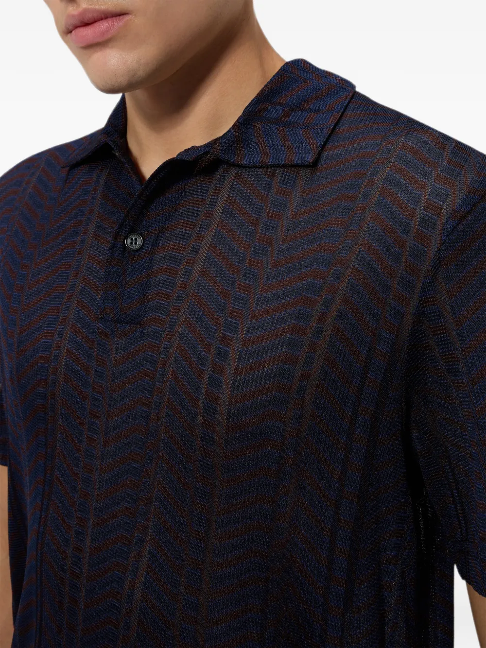 Missoni Viscose and Cotton Polo Shirt with Greek Key Motif in Blue, view 4