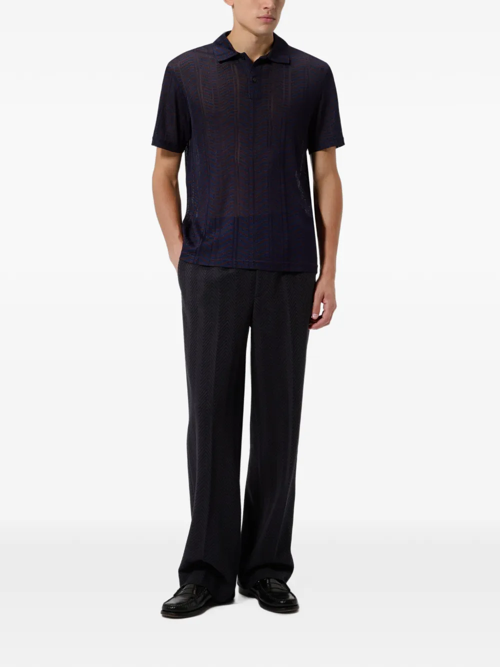 Missoni Viscose and Cotton Polo Shirt with Greek Key Motif in Blue, view 2