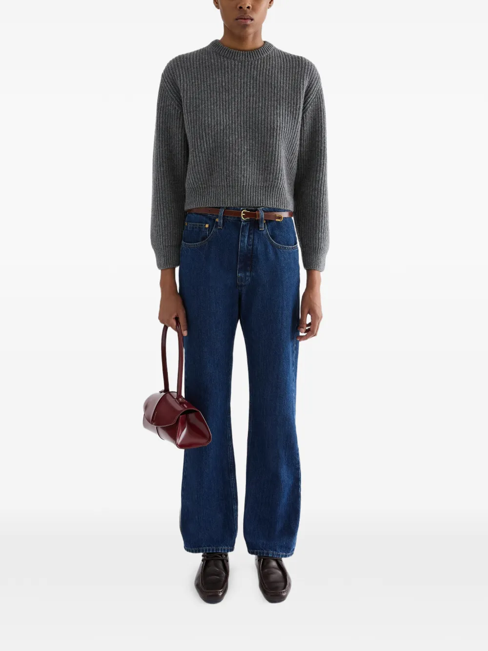Jil Sander Geribbelde wollen cropped trui met ronde hals Grijs