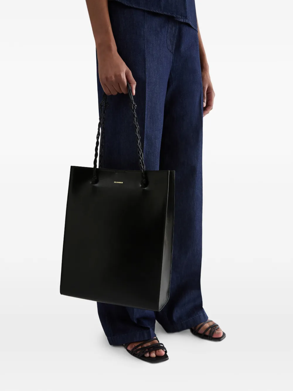 Jil Sander Tangle leren shopper met handgeknoopte handvatten en -logo met reliëf Zwart