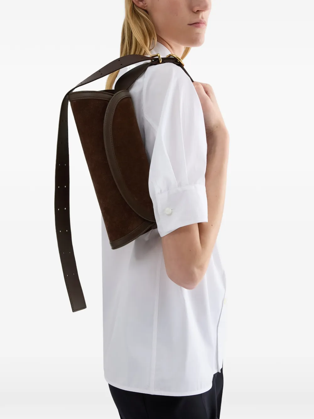 Jil Sander Kleine Cannolo suède schoudertas Bruin