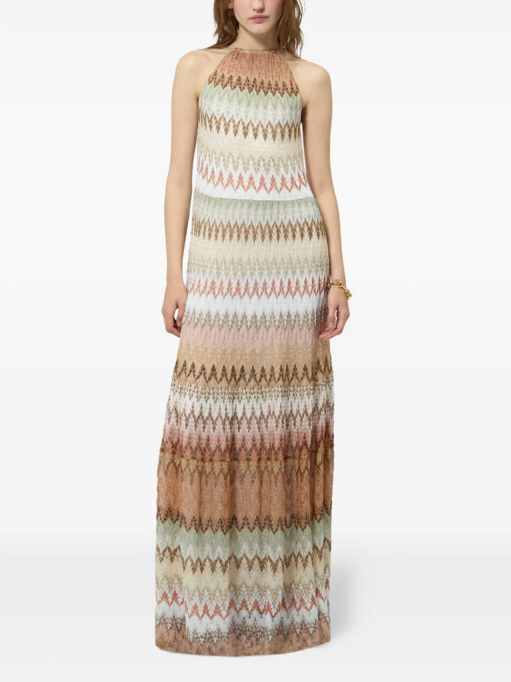 Missoni Maxi-jurk met zigzag-patroon en halternek Beige