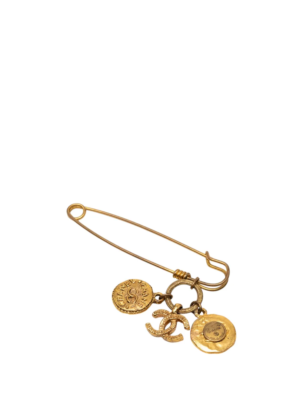 CHANEL Pre-Owned 1950-1970 CC Gold Plated Medallion and Charms Safety Pin Brooch costume brooch