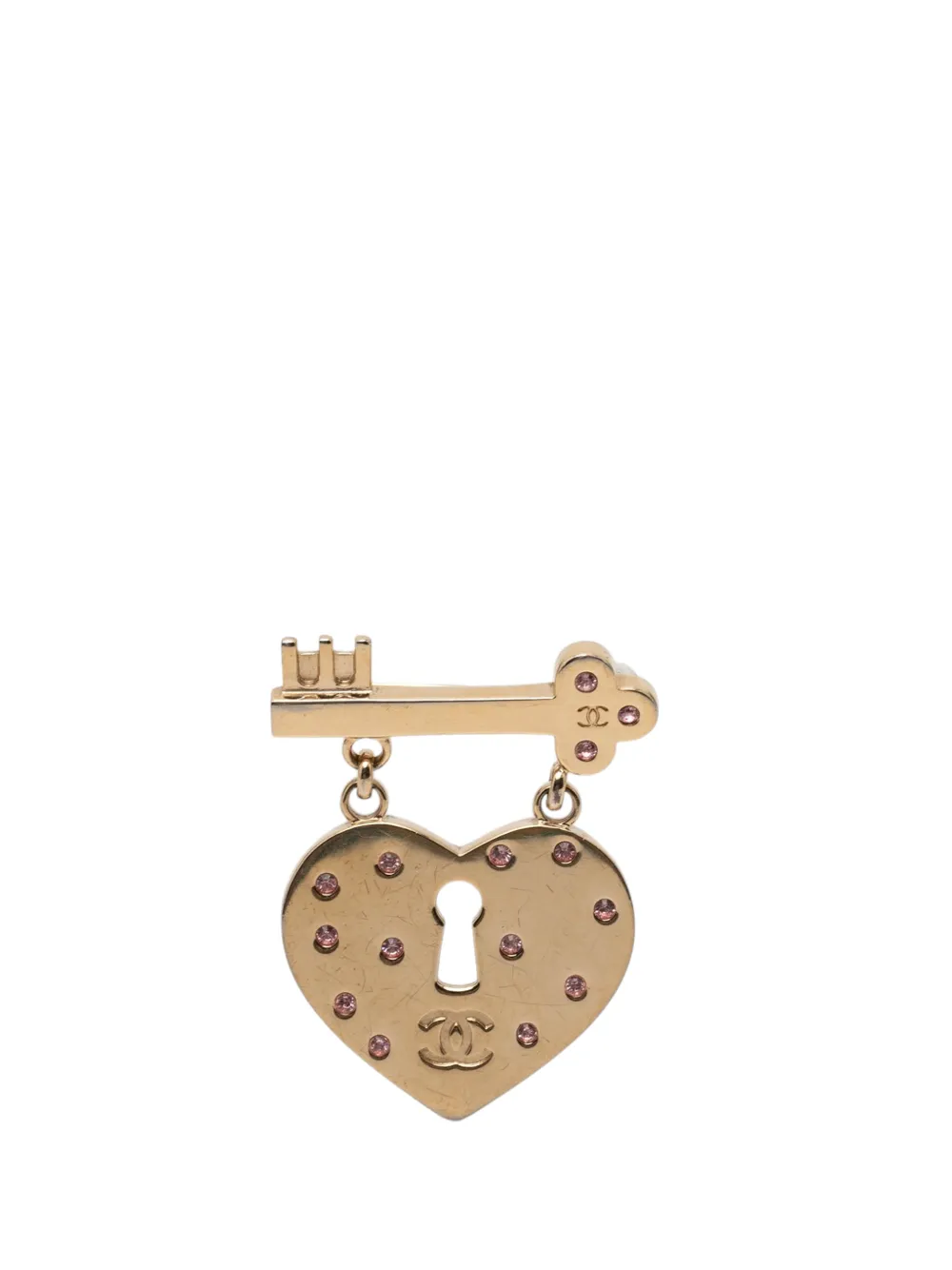 CHANEL Pre-Owned 2002 CC Gold Plated Heart Lock and Key Brooch Pin costume brooch - Oro