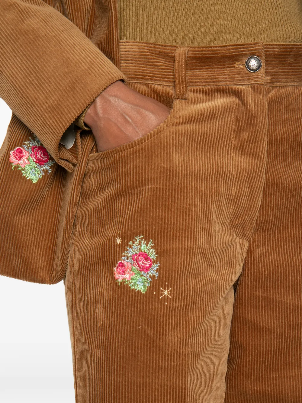 Forte Ribfluwelen broek met geborduurde bloemen Bruin
