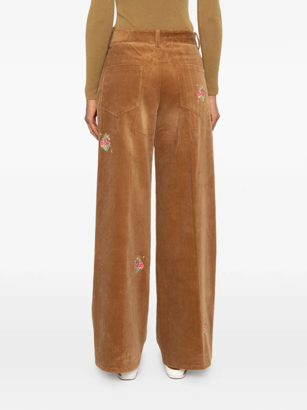 Forte Ribfluwelen broek met geborduurde bloemen Bruin