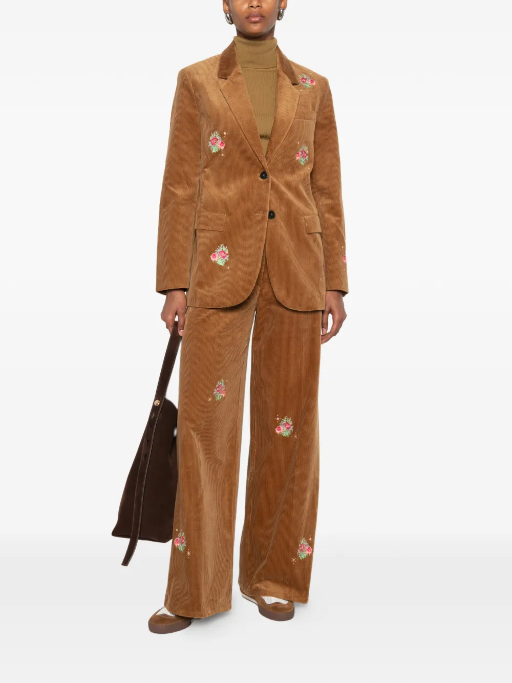 Forte Ribfluwelen broek met geborduurde bloemen Bruin