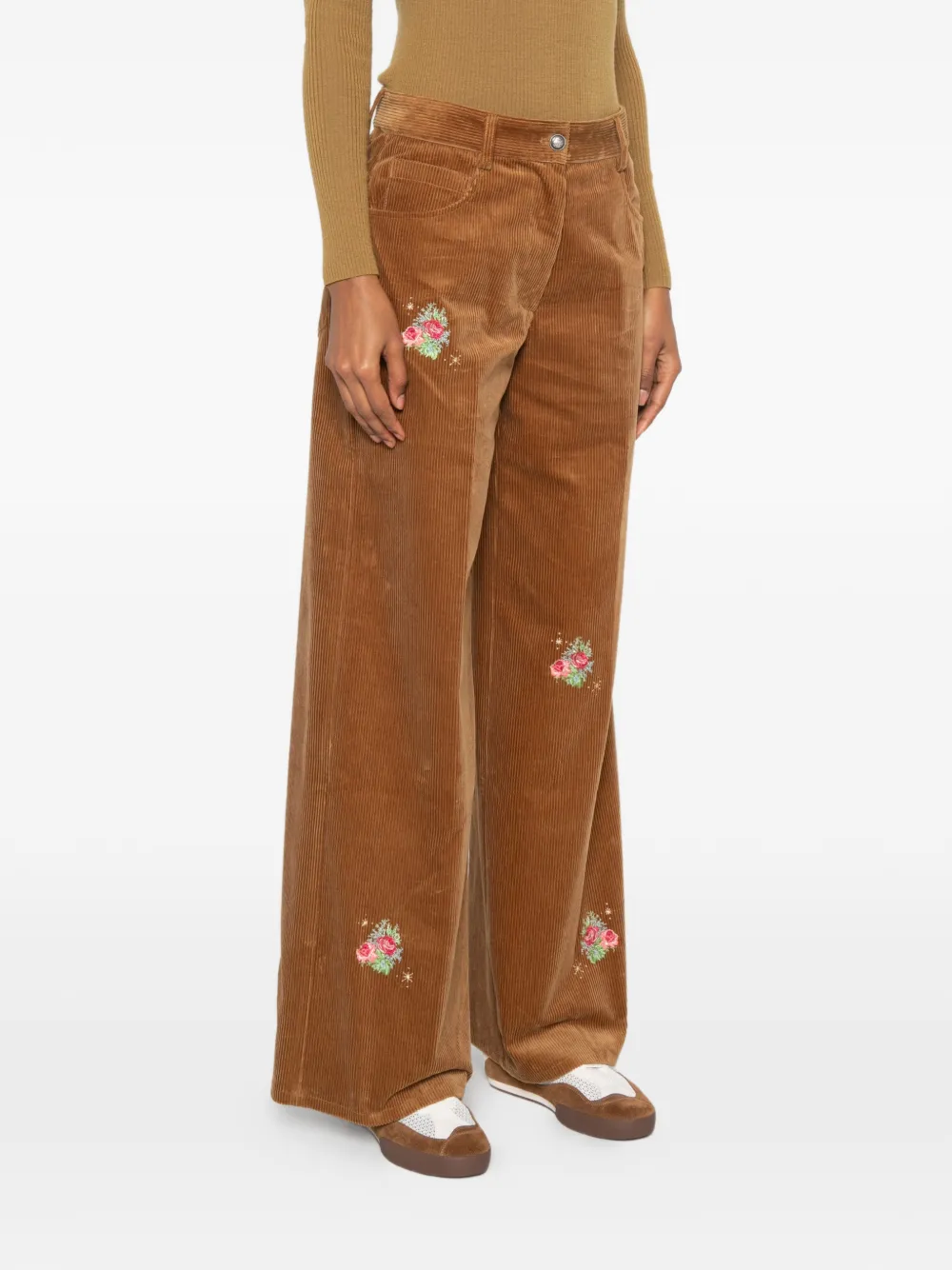 Forte Ribfluwelen broek met geborduurde bloemen Bruin