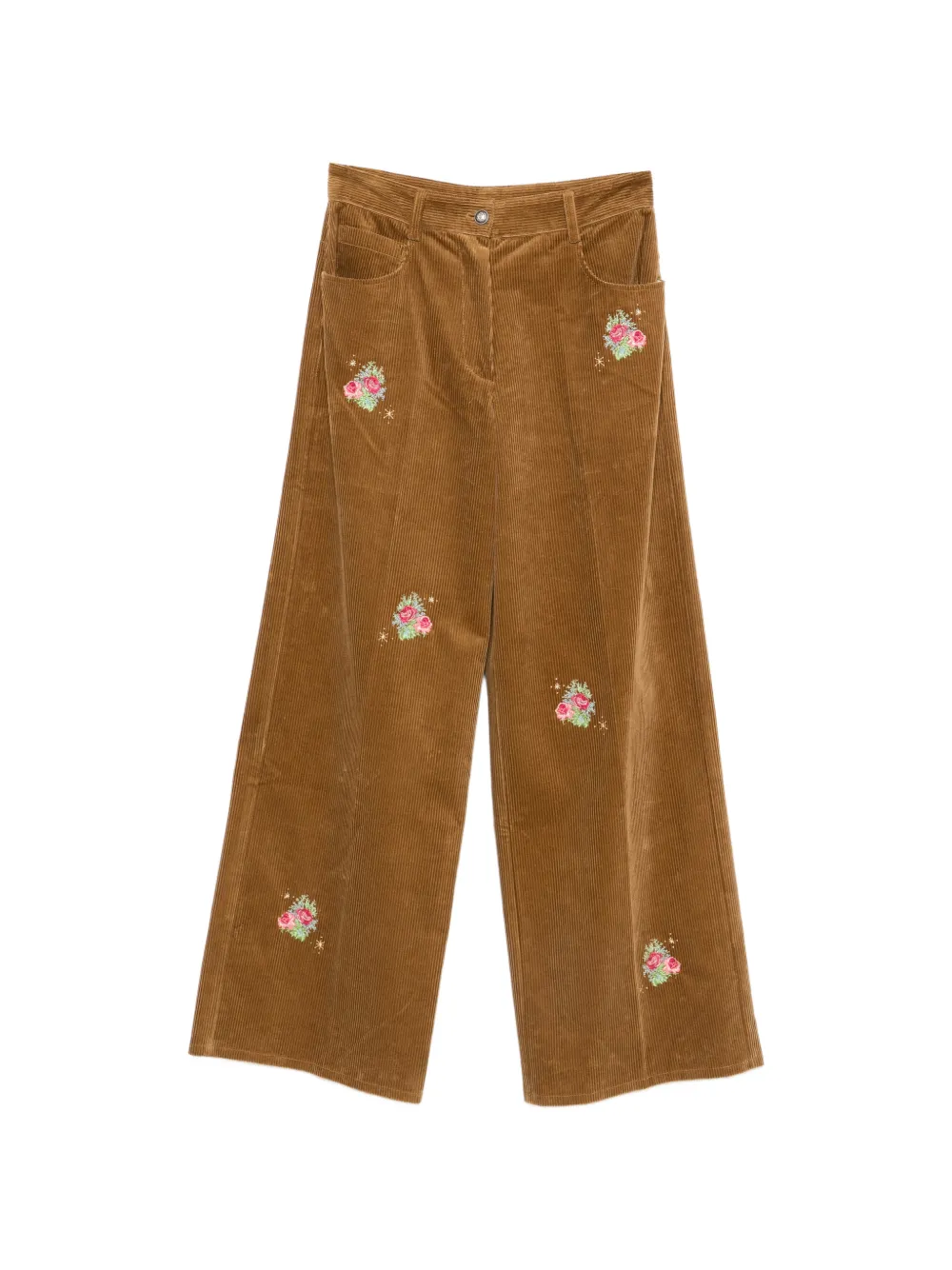Forte Ribfluwelen broek met geborduurde bloemen Bruin