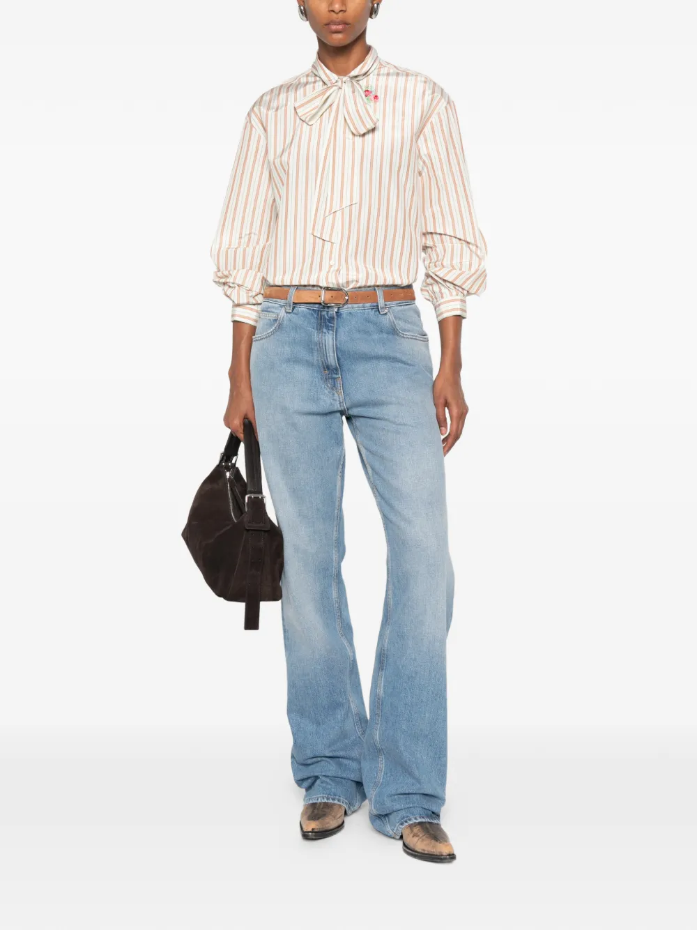 Forte Gestreepte blouse met strik Beige