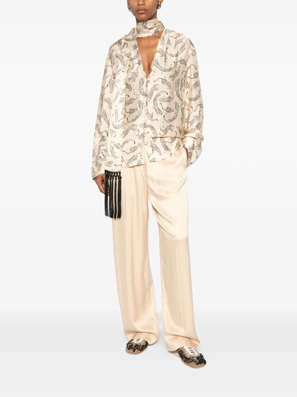Forte Blouse met luipaard-print en franje Beige