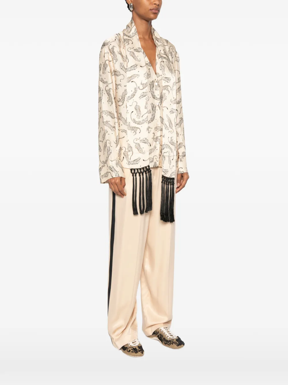 Forte Blouse met luipaard-print en franje Beige