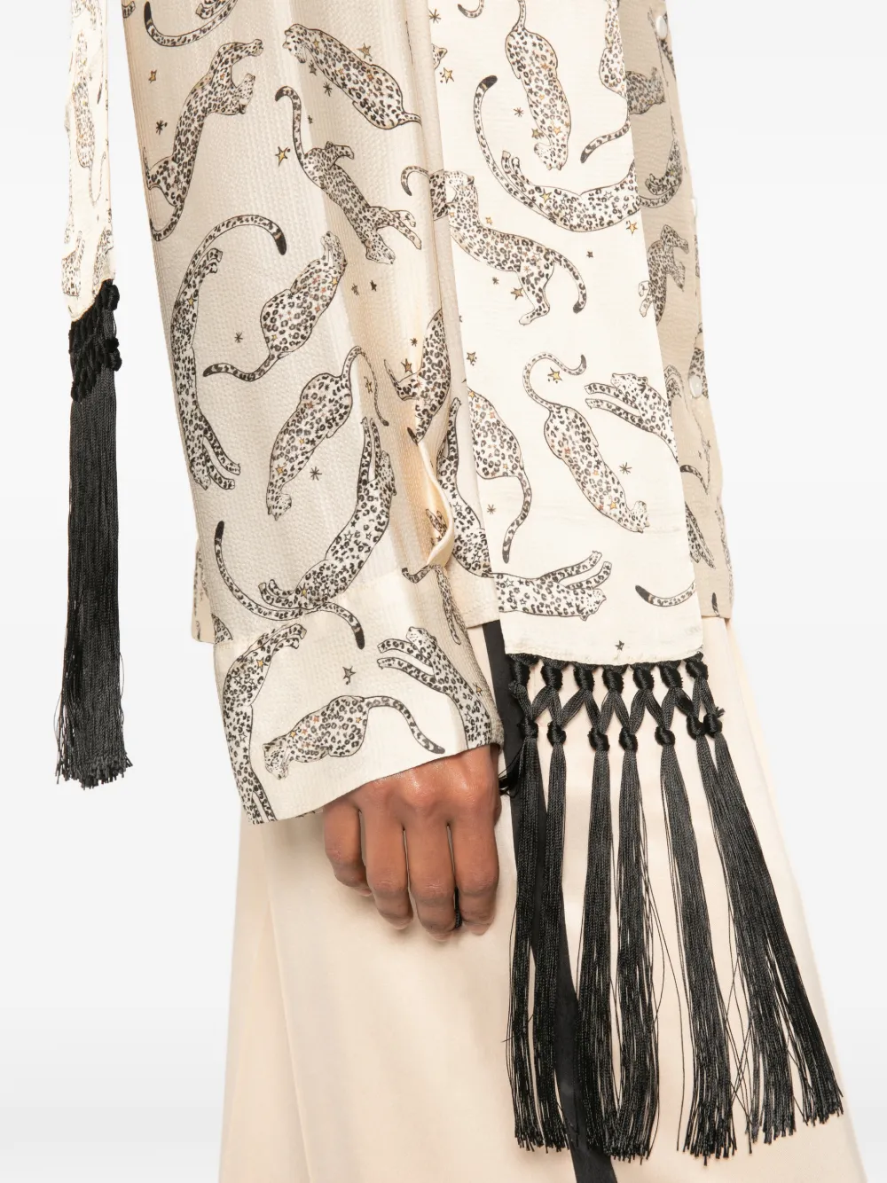 Forte Blouse met luipaard-print en franje Beige