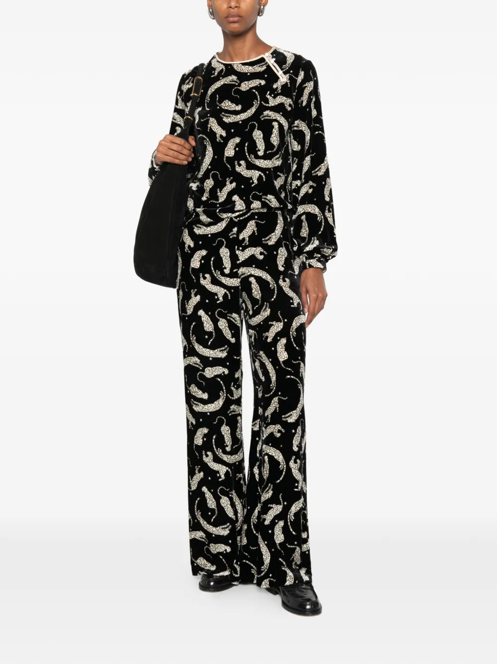 Forte Broek met luipaard-print en fluwelen effect Zwart