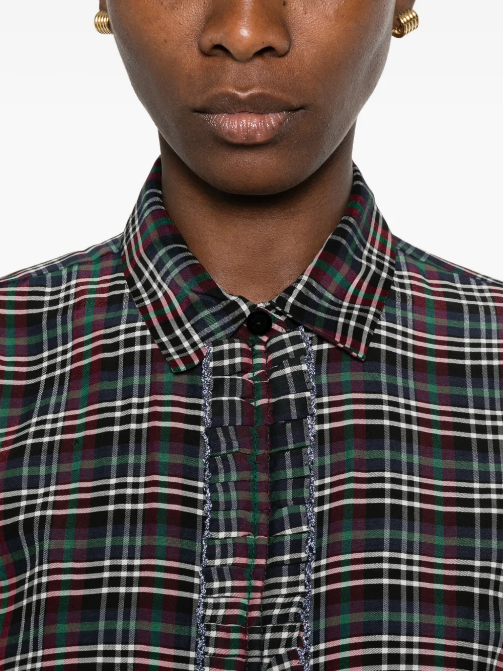 Forte Blouse met ruches en tartan ruit Blauw