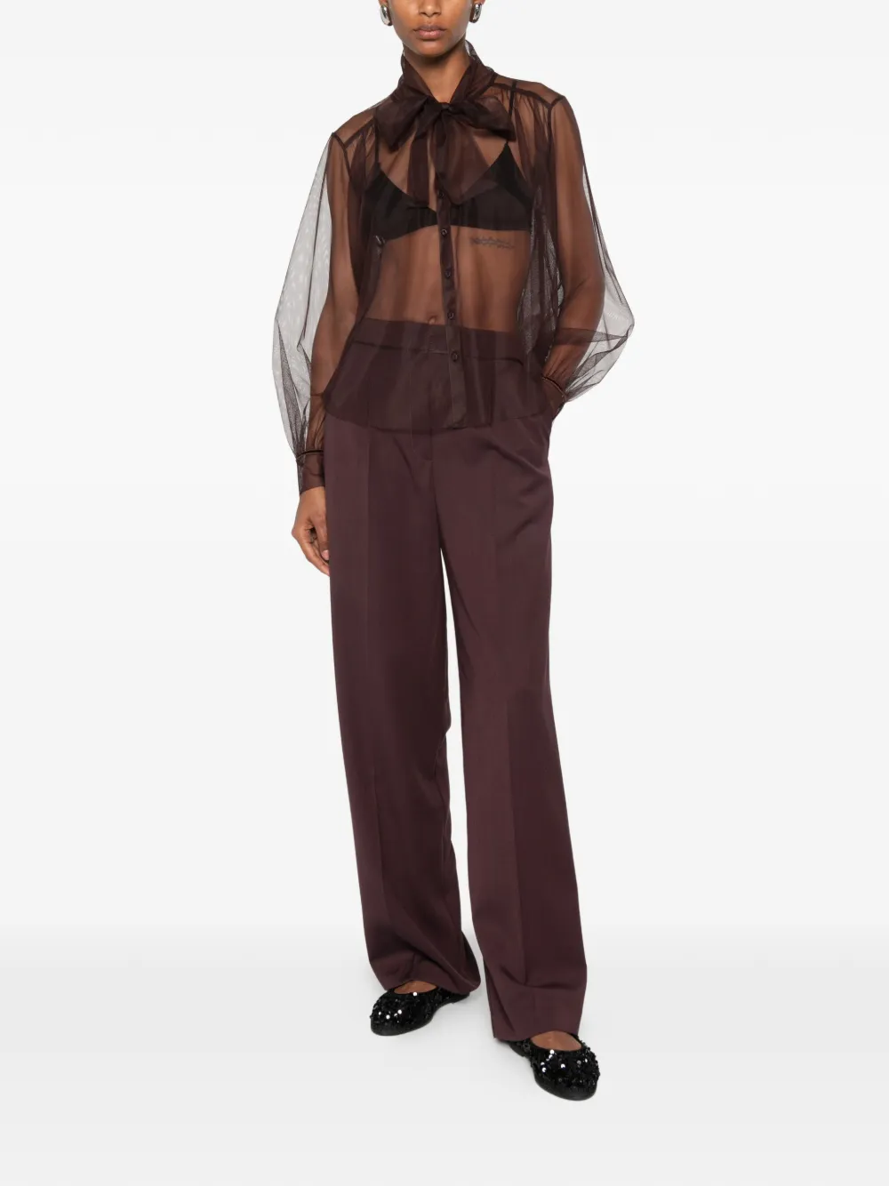 Forte Doorzichtige blouse met gestrikte hals Bruin