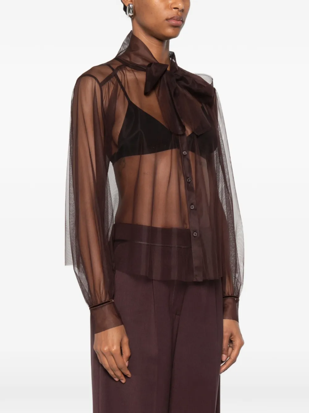 Forte Doorzichtige blouse met gestrikte hals Bruin