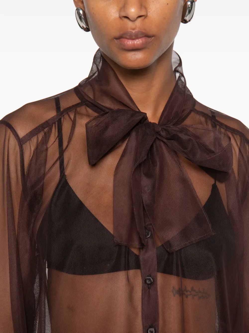 Forte Doorzichtige blouse met gestrikte hals Bruin
