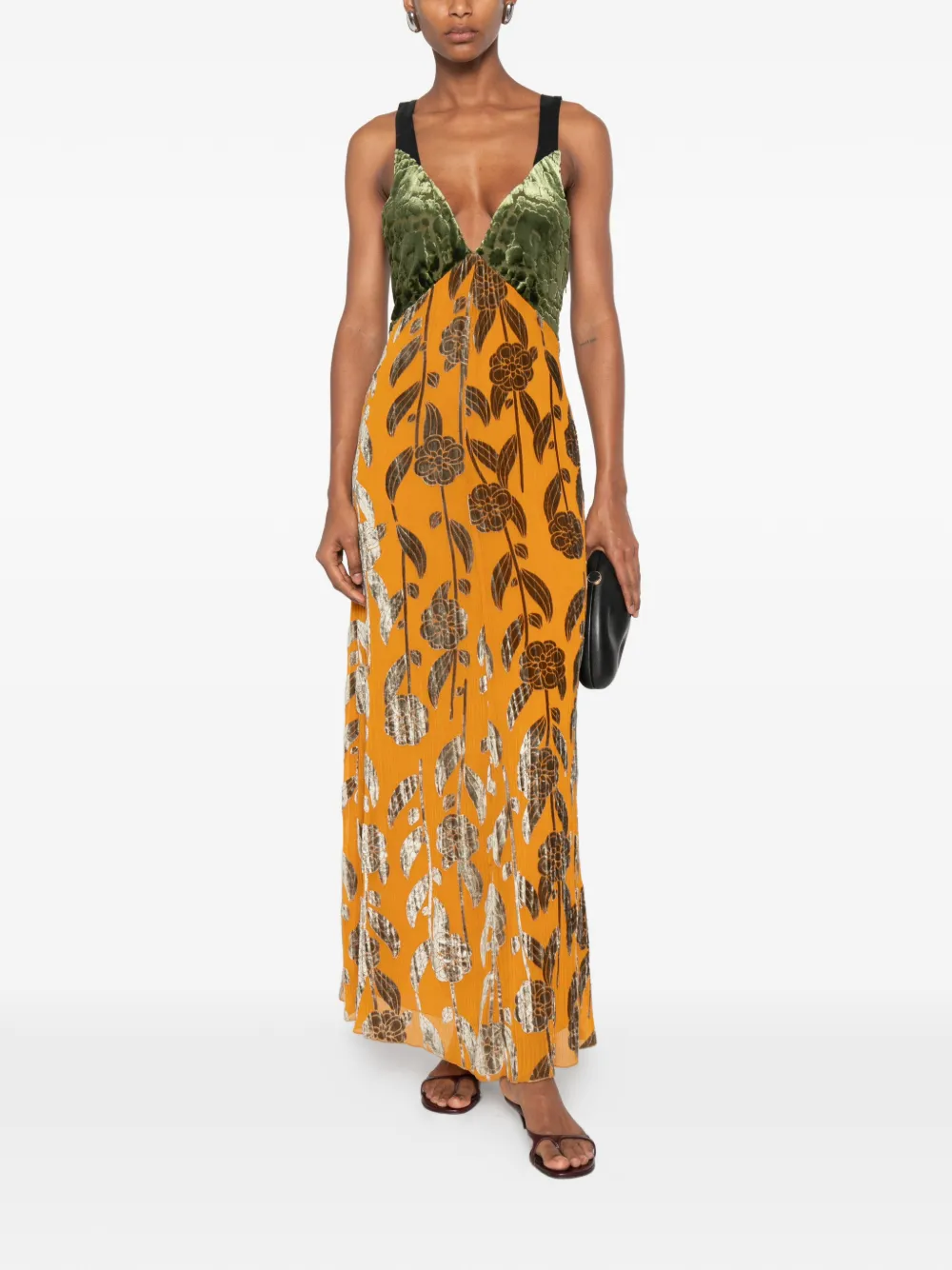 Forte Maxi-jurk met fluwelen vlakken en bloem-detail Oranje