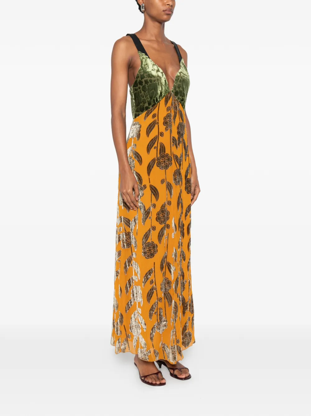Forte Maxi-jurk met fluwelen vlakken en bloem-detail Oranje