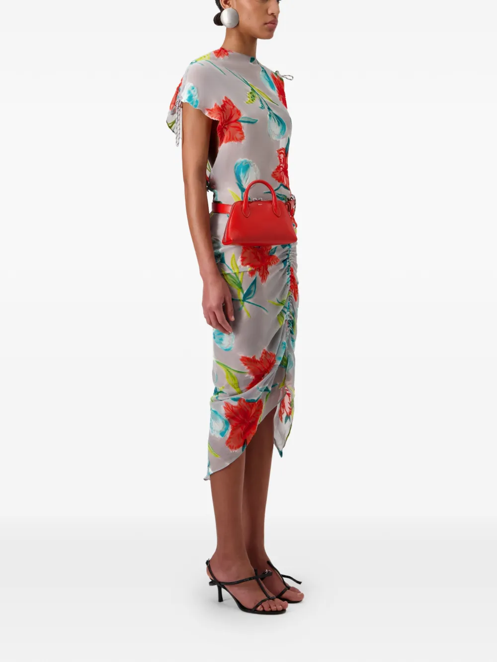 Coperni Zijden midi-jurk met bloemenprint en ruches Grijs