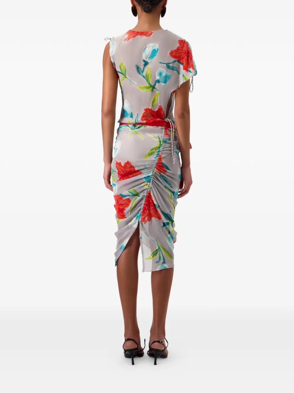 Coperni Zijden midi-jurk met bloemenprint en ruches Grijs