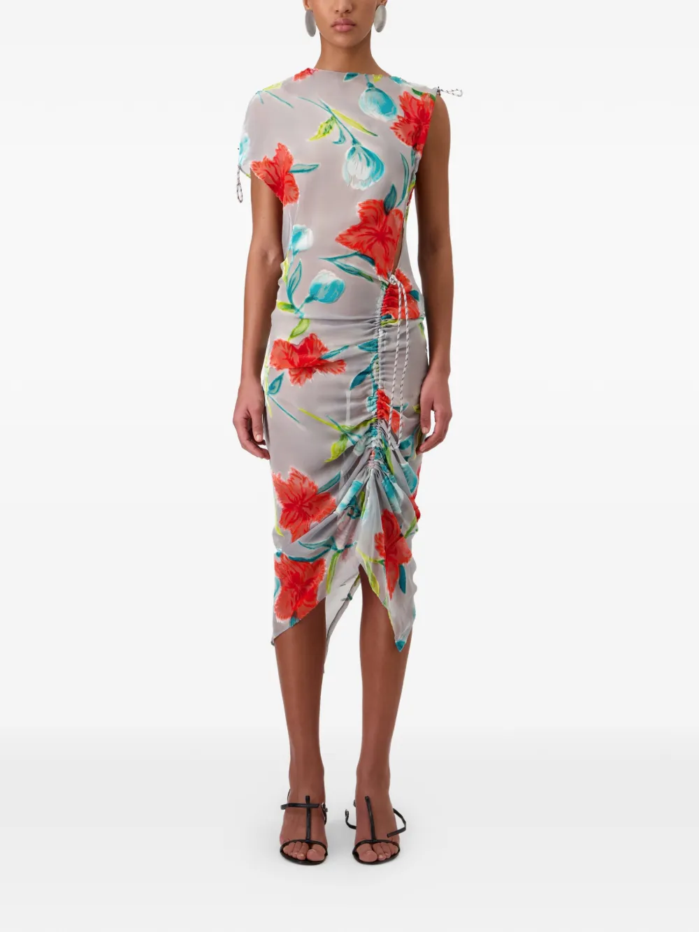 Coperni Zijden midi-jurk met bloemenprint en ruches Grijs