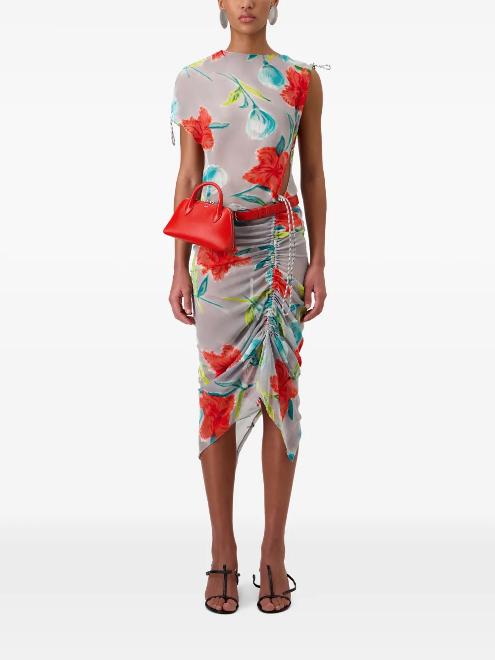 Coperni Zijden midi-jurk met bloemenprint en ruches Grijs