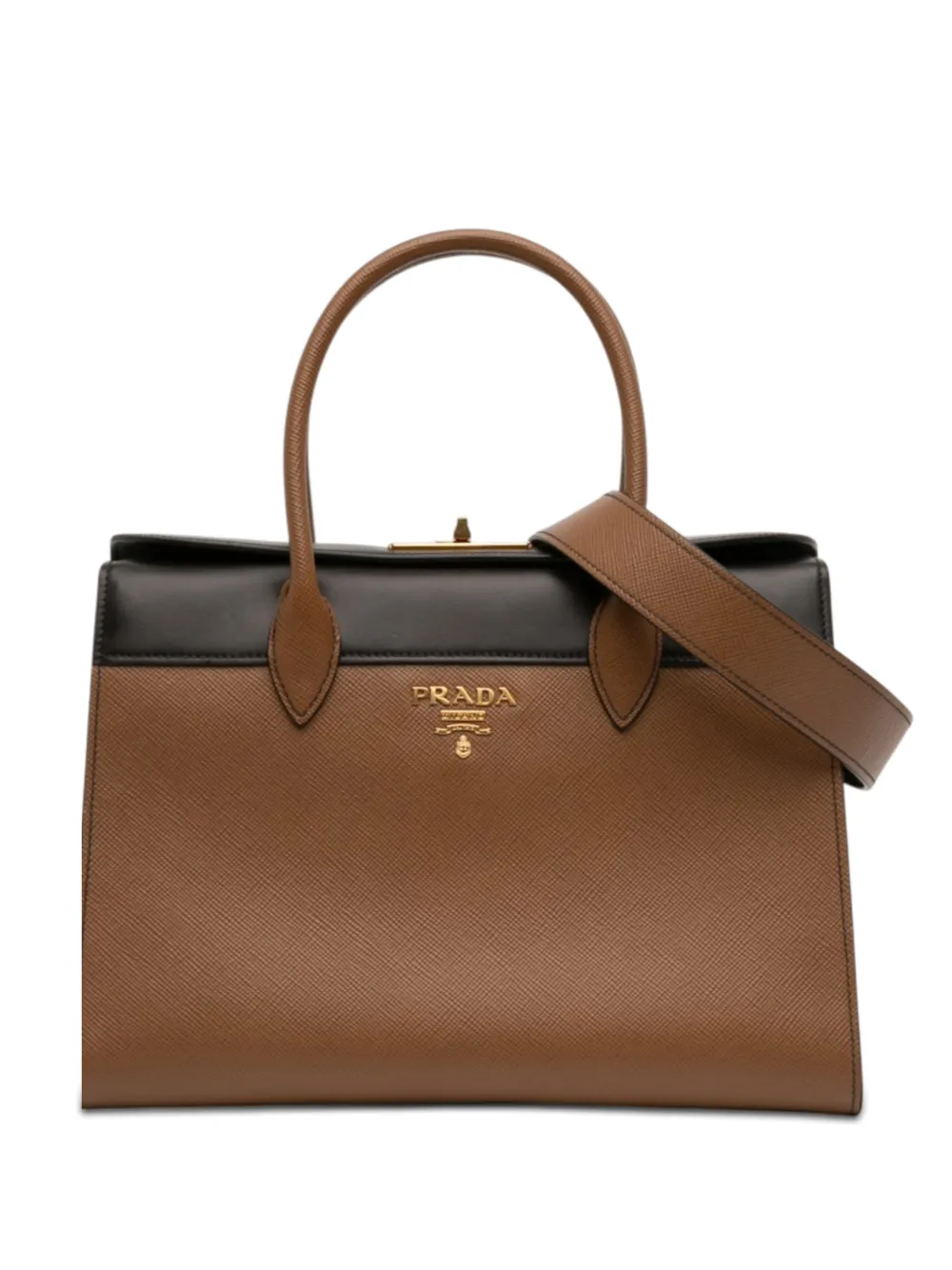 Pre-owned Prada 2010-2026 Bicolor Saffiano And City Calf Esplanade Turn Lock Satchel In Black
