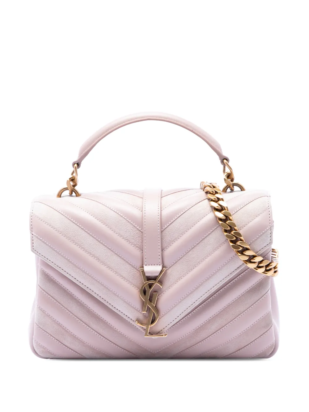 Pre-owned Saint Laurent 2017 Medium Calfskin And Suede Chevron Monogram College Satchel In Pink