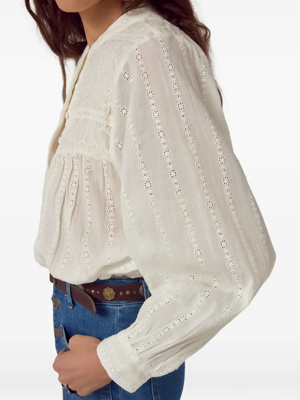 MAISON HOTEL schiffli-embroidered smocked shirt - Bianco