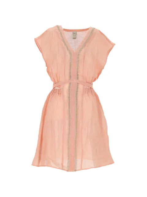 120% Lino fringed-trim belted mini dress