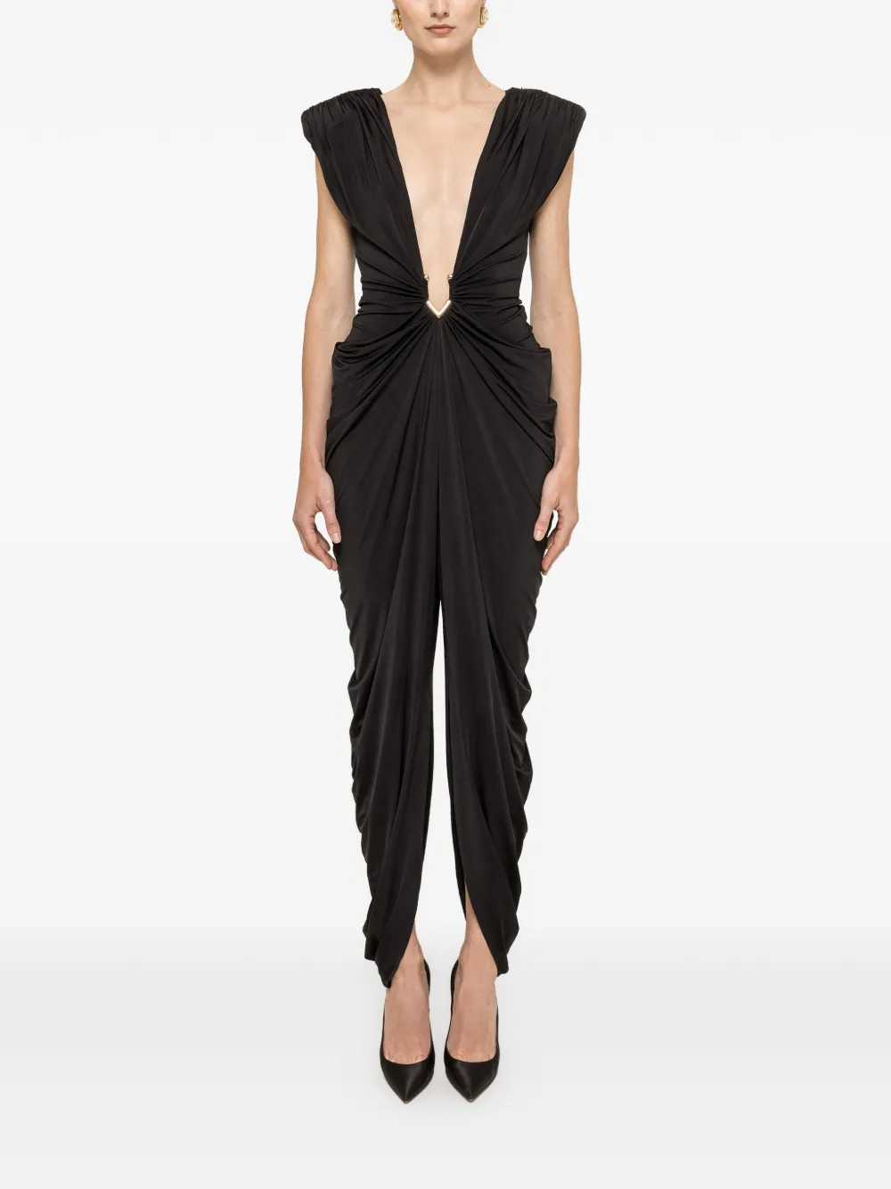 NISSA ruched plunge-neck jumpsuit - Nero
