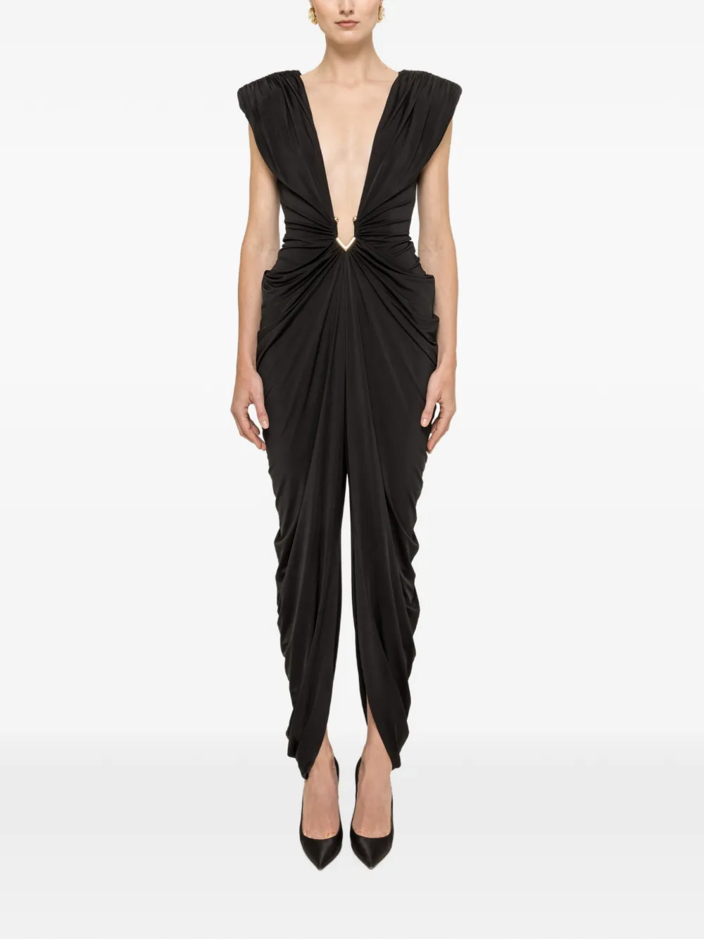 NISSA ruched plunge-neck jumpsuit - Nero