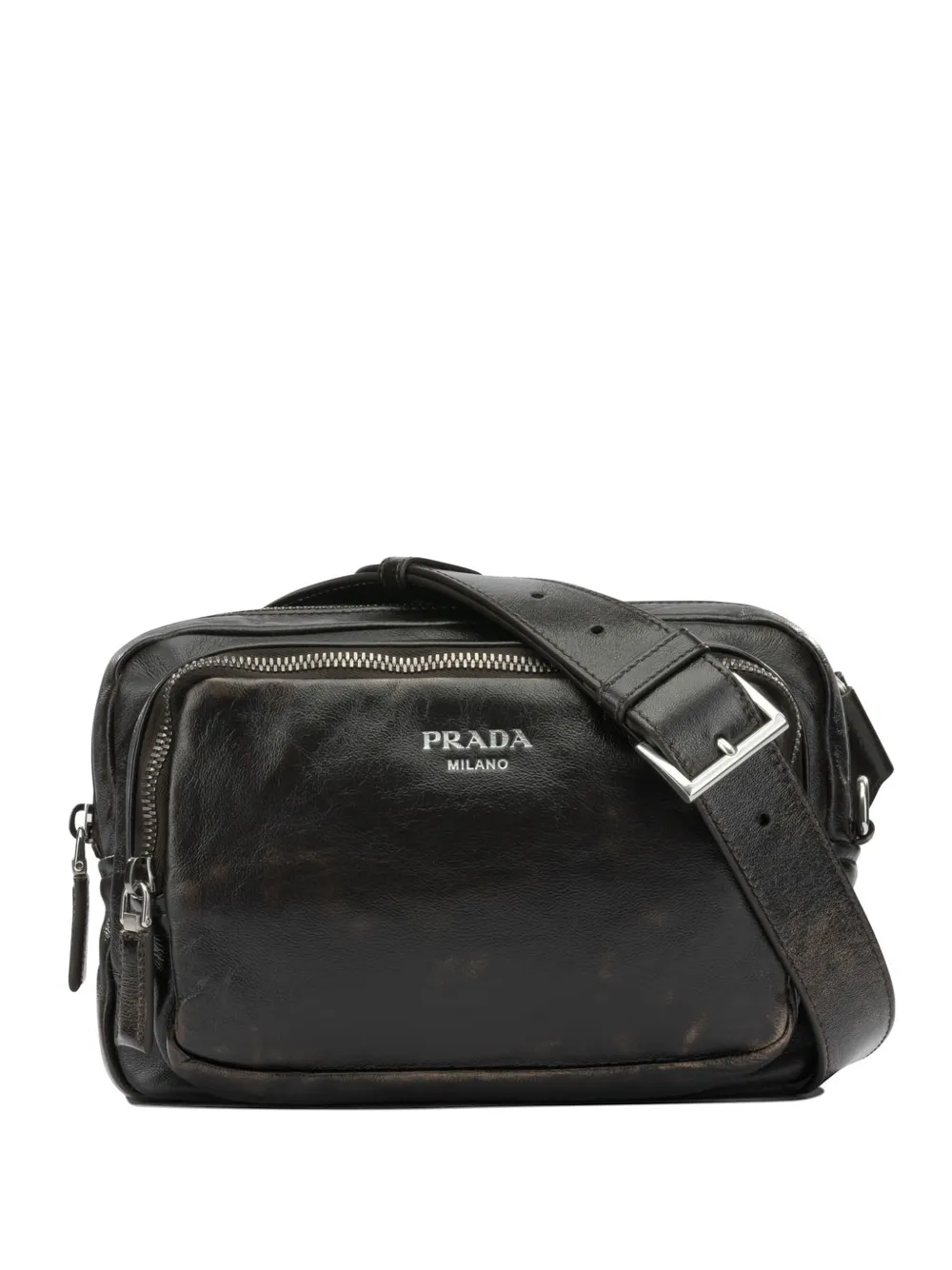 Prada Distressed logo-print leather shoulder bag - Marrone