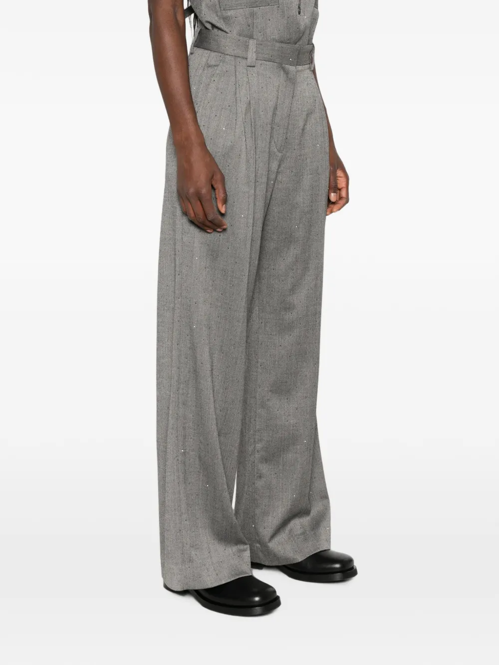 Maje Broek met visgraatpatroon en riemlussen Grijs