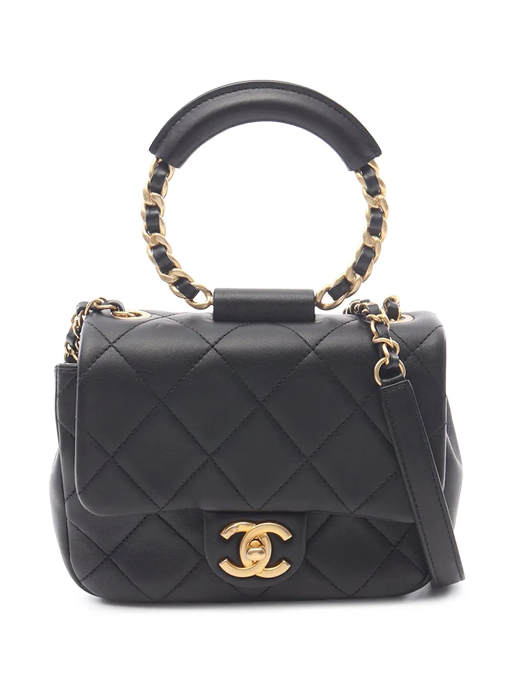 Pre-owned Chanel 2019 Mini Quilted Lambskin In The Loop Flap Satchel In Black