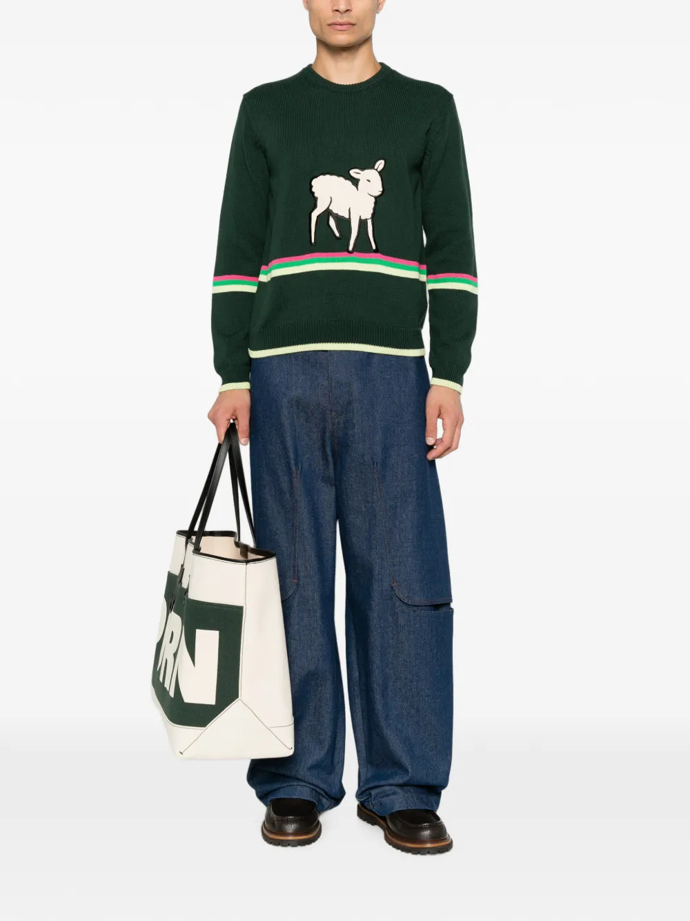 JW Anderson Trui met gestreepte afwerking en schapenpatroon Groen