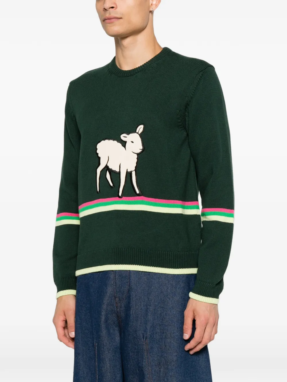 JW Anderson Trui met gestreepte afwerking en schapenpatroon Groen