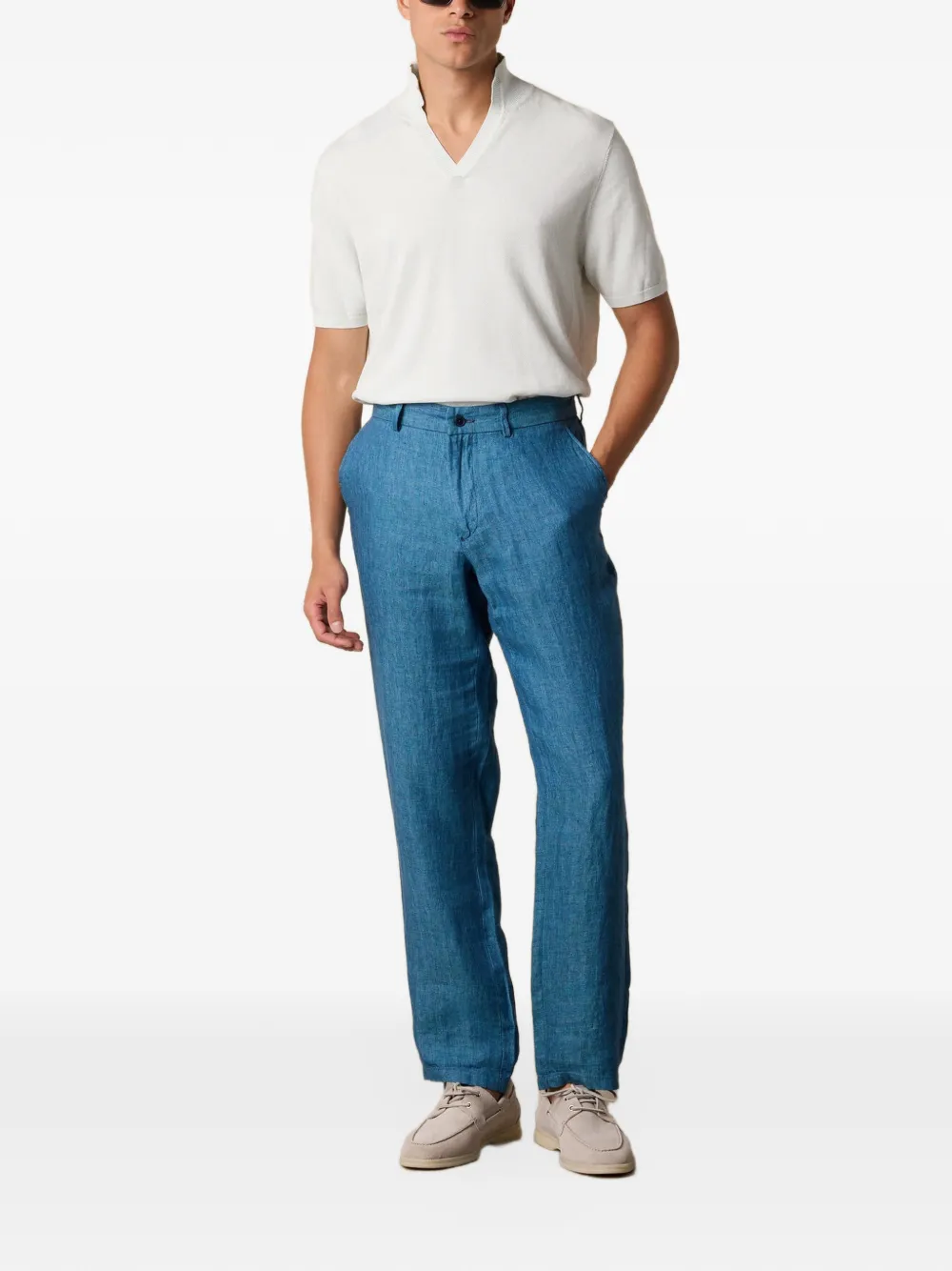 Brooks Brothers Linnen broek met visgraatpatroon Blauw