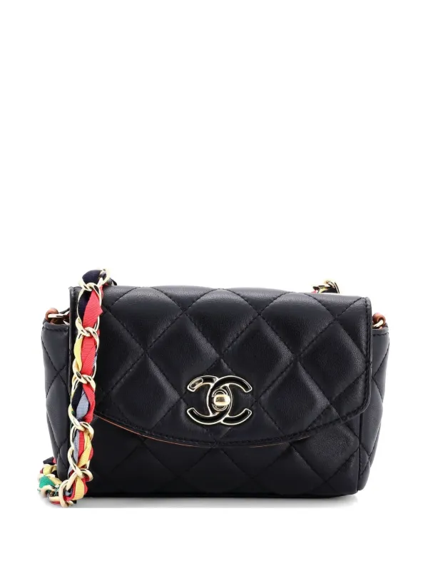Chanel Pre-owned Ribbon Chain Flap Bag Quilted Lambskin Mini Backpack in Black