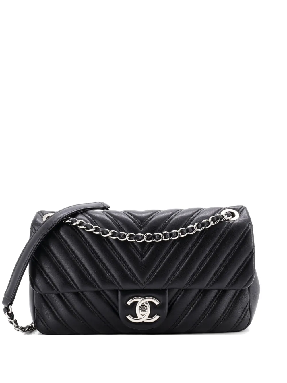 CHANEL Pre-Owned Mittelgroße Double Stitch Chevron Schultertasche aus Lammleder - Schwarz