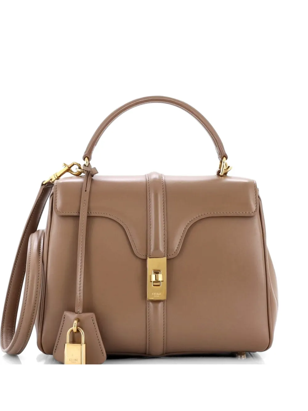 Pre-owned Celine 16 Top Handle Bag Grained Calfskin Small Satchel In Neutral