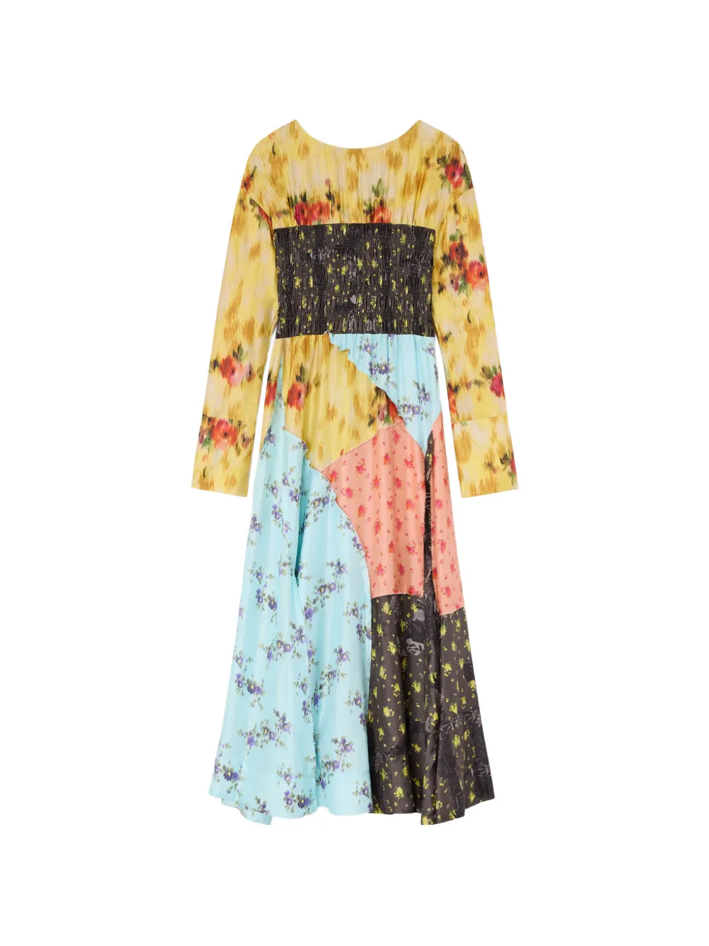 GANNI floral-patchwork smocked maxi dress - Blu