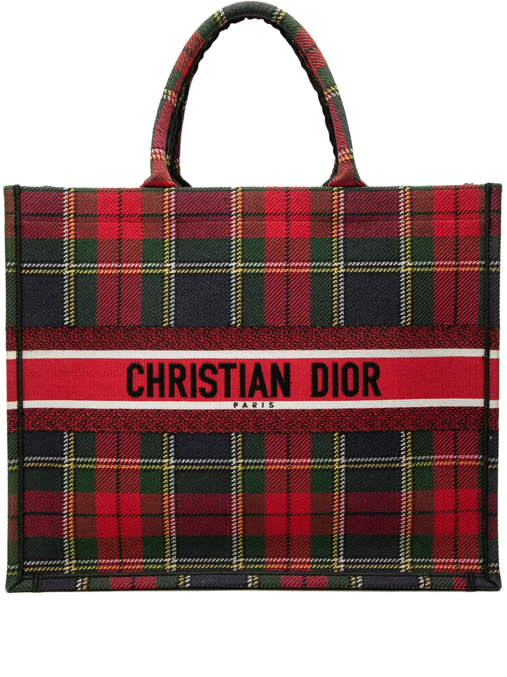 Pre-owned Dior 2019 Large Embroidered Canvas Tartan Check Book Tote Bag In White